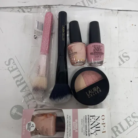 BAG OF MAKEUP ITEMS TO UNCLUDE LAURA GELLER HIGHLIGHT & BRUSH, OPI NAIL ENVY VANISH, BRUSH ETC