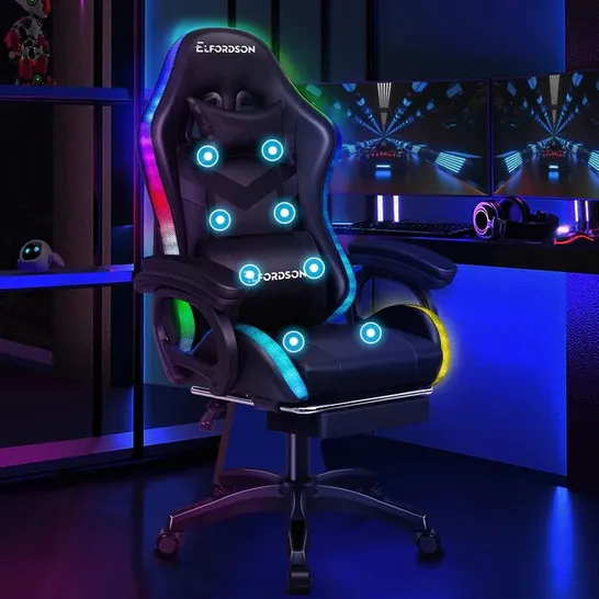 BOXED ELFORDSON GAMING CHAIR WITH RGB LED LIGHT 8-POINT MASSAGE, PINK