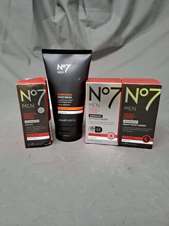 LOT OF 4 NO7 MEN SKIN CARE PRODUCTS TO INCLUDE FACE WASH 150ML AND MOISTURISER 50ML