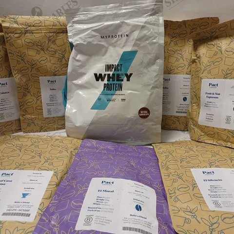 LOT OF APPROX 8 ASSORTED ITEMS TO INCLUDE MYPROTEIN IMPACT WHEY PROTEIN NATURAL CHOCOLATE, PACT COFFEE FRUIT&NUT ESPRESSO, PACT COFFEE SALTO, ETC 