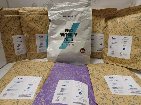 LOT OF APPROX 8 ASSORTED ITEMS TO INCLUDE MYPROTEIN IMPACT WHEY PROTEIN NATURAL CHOCOLATE, PACT COFFEE FRUIT&NUT ESPRESSO, PACT COFFEE SALTO, ETC 