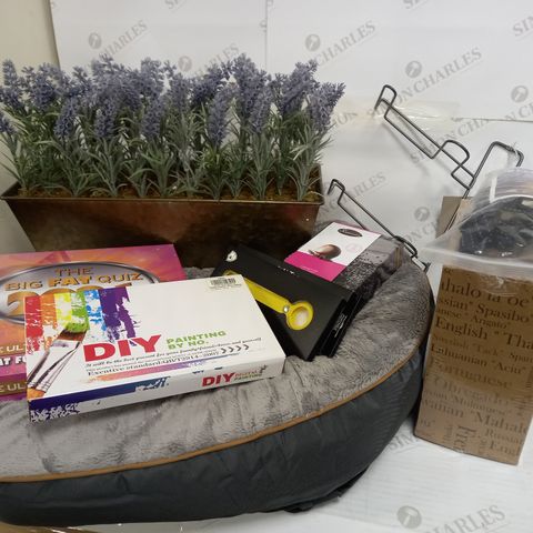 BOX OF ASSORTED ITEMS TO INCLUDE DOG BED LARGE, DOG MUZZLE WHITE SIZE 2, 2X AIR TAG LOOP, PAINT BY NUMBERS KIT, THE BIG FAT QUIZ 2021 BOARD GAME, MDESIGN SHOE RACK, ARTIFICIAL LAVENDER PLANTER, 120 TH