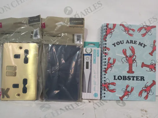 LOT OF APPROXIMATELY 15 ASSORTED HOUSEHOLD ITEMS TO INCLUDE FRIENDS YOU ARE MY LOBSTER NOTEBOOK, DIGITAL THERMOMETER, KNIGHTSBRIDGE 2G DP SWITCHED SOCKET, ETC