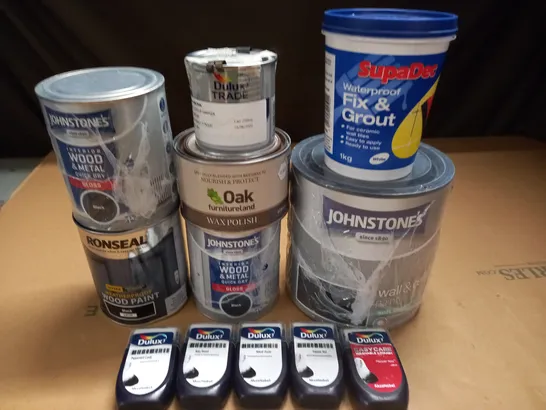 LOT OF ASSORTED HOUSEHOLD ITEMS TO INCLUDE JOHNSTON BLACK PAINT, AND WAX POLISH - COLLECTION ONLY