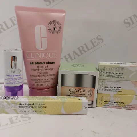 BOX OF APPROX 6 CLINIQUE ITEMS TO INCLUDE RINSE OFF CLEANSER, MOISTURE SURGE CREAM, MOISTURE SURGE POP LIP BALM