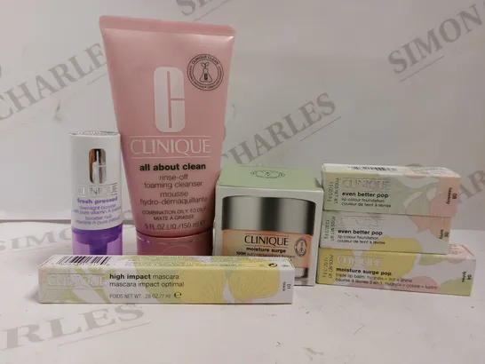 BOX OF APPROX 6 CLINIQUE ITEMS TO INCLUDE RINSE OFF CLEANSER, MOISTURE SURGE CREAM, MOISTURE SURGE POP LIP BALM