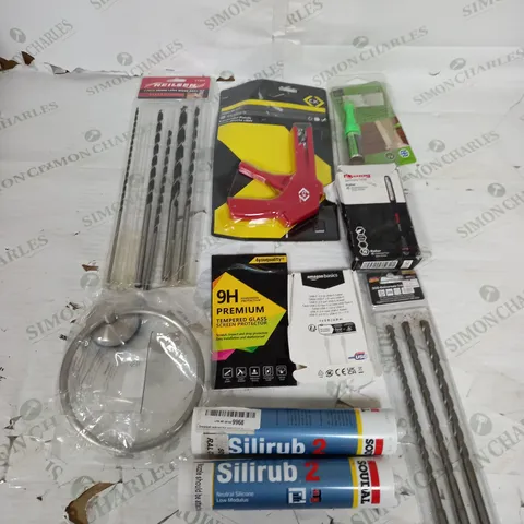 LARGE BOX OF APPROXIMATELY 25 ASSORTED HOUSEHOLD GOODS TO INCLUDE SILIRUB 2, CABLE TIE GUN, MARKSMAN PEN, AND SCREEN PROTECTOR ETC.