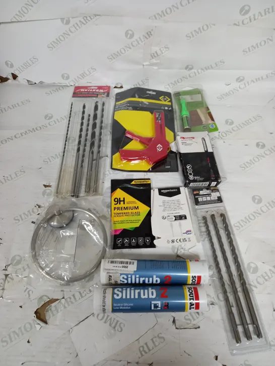 LARGE BOX OF APPROXIMATELY 25 ASSORTED HOUSEHOLD GOODS TO INCLUDE SILIRUB 2, CABLE TIE GUN, MARKSMAN PEN, AND SCREEN PROTECTOR ETC.