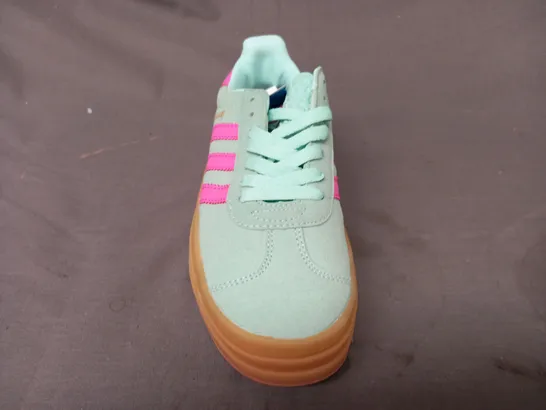 BOXED PAIR OF ADIDAS GAZELLE BOLD SHOES IN GREEN/PINK UK SIZE 5