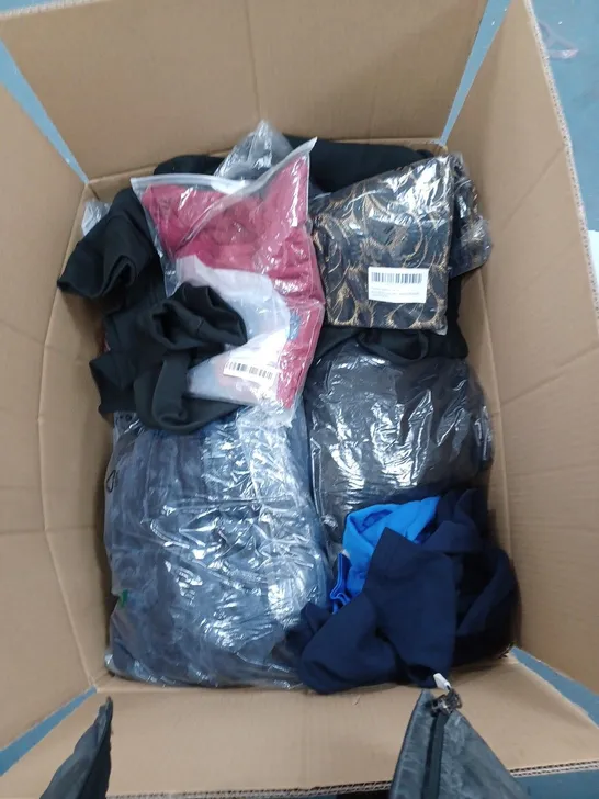 BOX OF ASSORTED CLOTHING ITEMS TO INCLUDE TOPS, CARDIGANS, JUMPERS ETC 