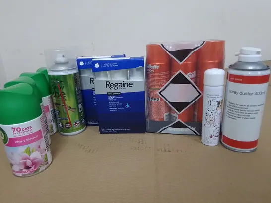 LOT OF ASSORTED HOME AEROSOLS TO INCLUDE REGAINE FOR MEN AND GILLETTE SHAVE GEL