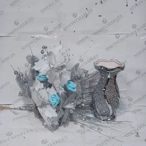 BOXED GLITTER FAKE FLOWER SET IN SILVER EFFECT