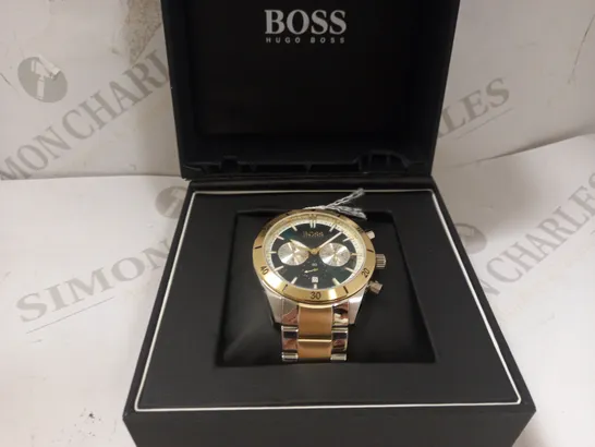 HUGO BOSS SANTIAGO GREEN MULTI DIAL STAINLESS STEEL WITH GOLD TONE LINK BRACELET WATCH RRP £329