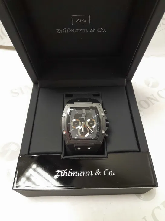 ZIHLMANN & CO BLACK TRIPLE DIAL STUD RUBBER STRAP WATCH