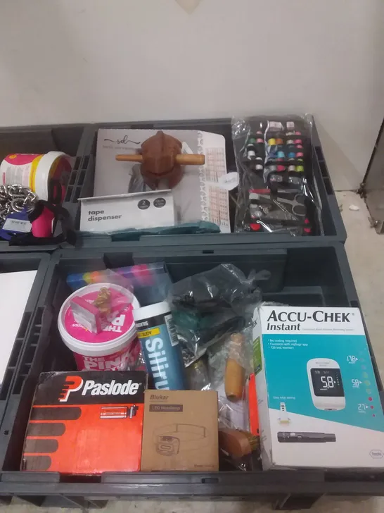 4 TOTES OF ASSORTED ITEMS INCLUDING, DOG WALKING ACCESSORIES, PASLODE NAILS, AIQURA INFARED FOREHEAD MONITOR AND ACCU-CHEK INSTANT GLUCOSE METER 