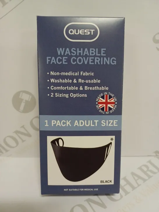 BOX OF APPROXIMATELY 50 PACKS OF QUEST WASHABLE FACE COVERING