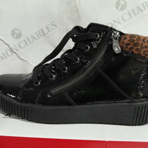 BOXED PAIR OF RIEKER BROWN HIGH TOP LEOPARD CUFF TRAINERS BLACK - SIZE 5 