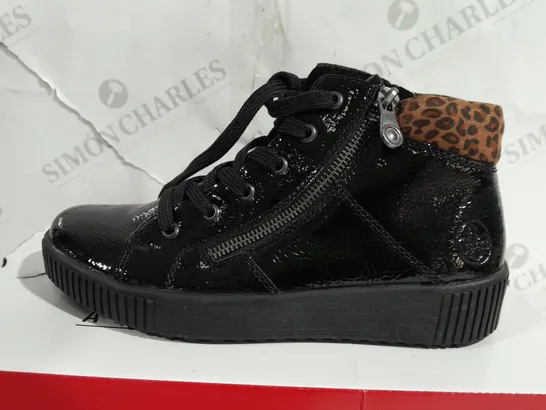 BOXED PAIR OF RIEKER BROWN HIGH TOP LEOPARD CUFF TRAINERS BLACK - SIZE 5 