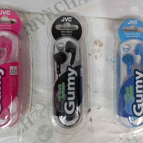 BOX OF APPROXIMATELY 20 ASSORTED JVC GUMY STEREO HEADPHONES IN VARIOUS COLOURS