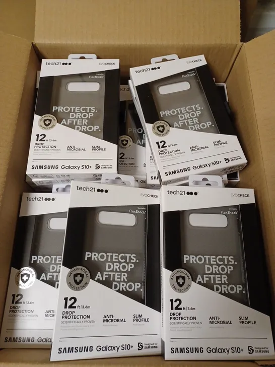 LOT OF APPROX. 80 BRAND NEW BOXED TECH 21 T21-6949 SMOKEY BLACK EVO CHECK CASE COVER WITH 12FT DROP PROTECTION AND ANTI-MICROBIAL PROTECTION FOR SAMSUNG GALAXY S10+