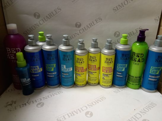 LOT OF APPROX 12 ASSORTED TIGI BEDHEAD HAIRCARE PRODUCTS TO INCLUDE CONDITIONING JELLY, TEXTURISING SALT SPRAY, CONDITIONER FOR CURLS/WAVES, ETC