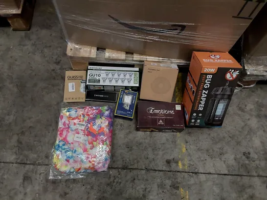 PALLET OF ASSORTED ITEMS INCLUDING: BUG ZAPPER, LED BULBS, PORTABLE FAN, PHONE CHARGER, INCENSE, SILICONE WATCH BAND, PHONE SCREEN PROTECTOR 