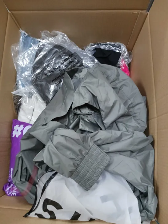 BOX OF APPROXIMATELY 20 ASSORTED CLOTHING ITEMS TO INCUDE - DRESSES, JUMPERS , T-SHIRTS , TROUSERS,ECT 