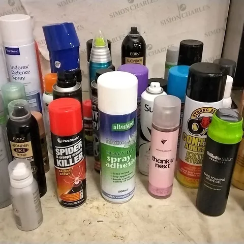 2 TOTES OF ASSORTED AEROSOLS INCLUDING SHAVE GEL, DEODORANT, SPRAY ADHESIVE, INSECTICIDE AND SUN SPRAY