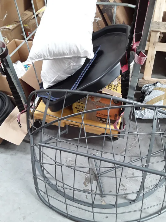 CAGE OF ASSORTED ITEMS TO INCLUDE BUSH SOUND SYSTEM, METAL EMBOSSING LETTERS, CHAIR FRAME PARTS AND CUSHIONS