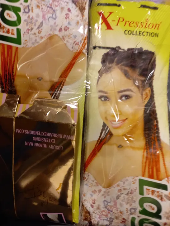 BOX OF APPROX 10 ASSORTED HEALTH AND BEAUTY ITEMS TO INCLUDE - RIRI LUXURY HUMAN HAIR WRAP AROUND PONYTAIL - ROYAL LADY BRAZILIAN REMI HUMAN HAIR - X-PRESSION LARGOS BRAID 1B ECT 