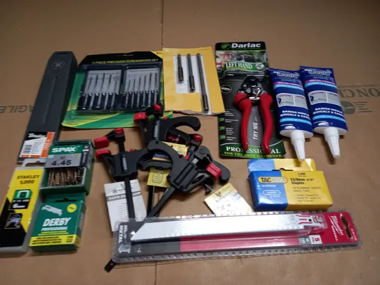 LOT OF ASSORTED TOOLS AND DIY ITEMS TO INCLUDE SPLITTING WEDGE, STANLEY STAPLES AND PRUNING SHEARS