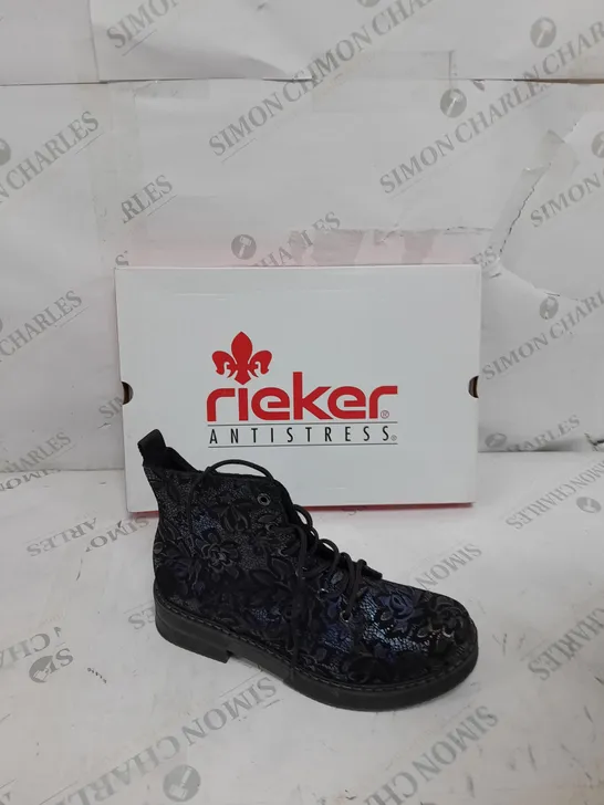 BOXED PAIR OF REIKER LACE UP BOOTS IN NAVY - SIZE 5