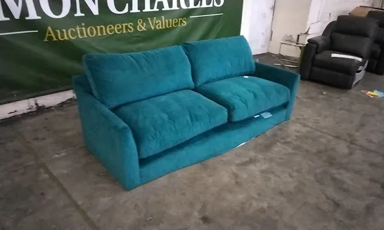 QUALITY BRITISH DESIGNER TEAL PLUSH FABRIC 3 SEATER SOFA