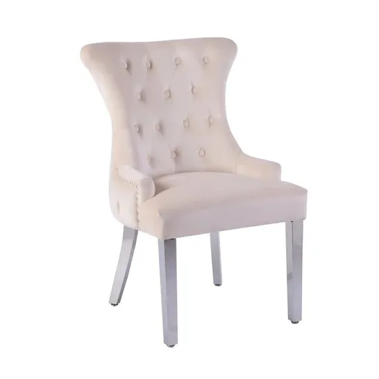 BOXED NEO SET OF 2 UPHOLSTERED CHAIRS HIGH BACK CRUSHED VELVET DINING CHAIRS WITH BUTTONS AND WOODEN LEGS - CREAM (1 BOX)