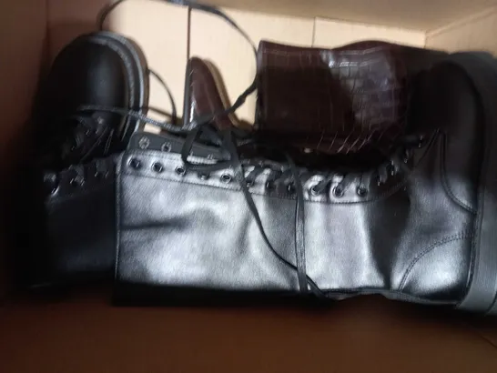 BOX OF APPROXIMATELY 5 ASSORTED PAIRS OF SHOES AND FOOTWEAR ITEMS IN VARIOUS STYLES AND SIZES TO INCUDE HOBBS, JOULES, ETC