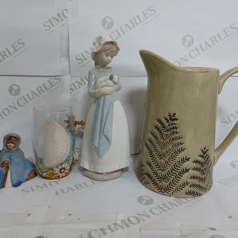 BOX OF APPROXIMATELY 5 ASSORTED ITEMS TO INCLUDE - WATERJUG - GLASS MUG - WOMAN WITH DOG FIGURE ETC