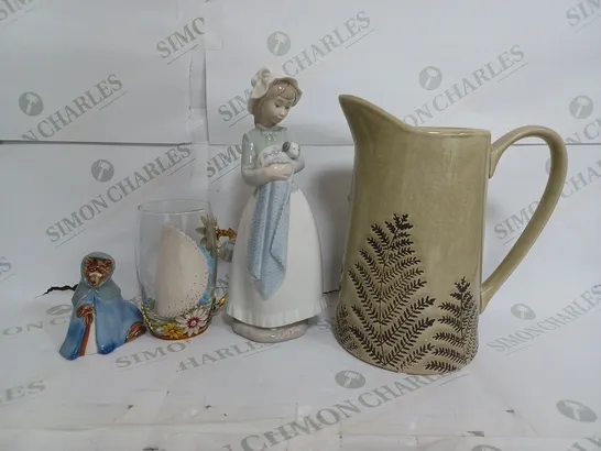 BOX OF APPROXIMATELY 5 ASSORTED ITEMS TO INCLUDE - WATERJUG - GLASS MUG - WOMAN WITH DOG FIGURE ETC