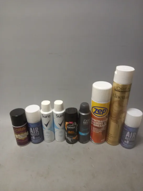 APPROXIMATELY 12 ASSORTED AEROSOLS TO INCLUDE LOREAL ELNETT, DOVE MEN CARE CLASSIC, AND AIR DUSTER ETC. 