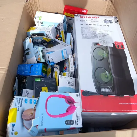 LARGE BOX OF ASSORTED ELECTRICAL PRODUCTS TO INCLUDE; SHARP PARTY SPEAKER, ONE FOR ALL AERIAL, WIRED HEADPHONES, JVC HEADPHONES AND MICRO USB TO USB-A CABLES