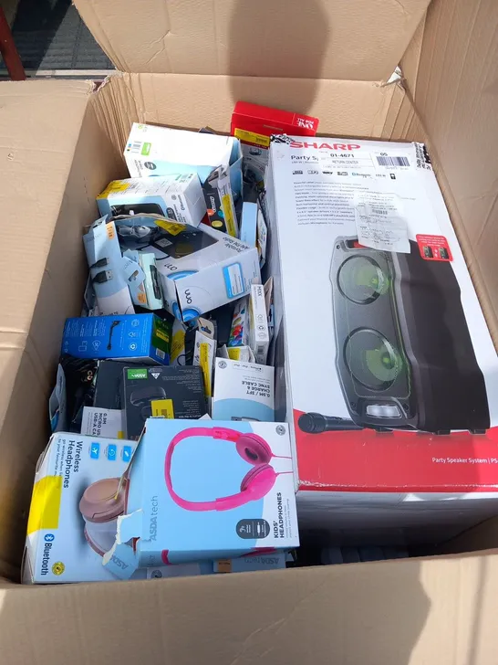 LARGE BOX OF ASSORTED ELECTRICAL PRODUCTS TO INCLUDE; SHARP PARTY SPEAKER, ONE FOR ALL AERIAL, WIRED HEADPHONES, JVC HEADPHONES AND MICRO USB TO USB-A CABLES