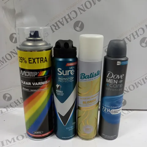 BOX OF APPROXIMATELY 10 ASSORTED AEROSOLS TO INCLUDE DOVE MEN DEODORANT, BATISTE DRY SHAMPOO, MOTIP CLEAR VARNISH - COLLECTION ONLY