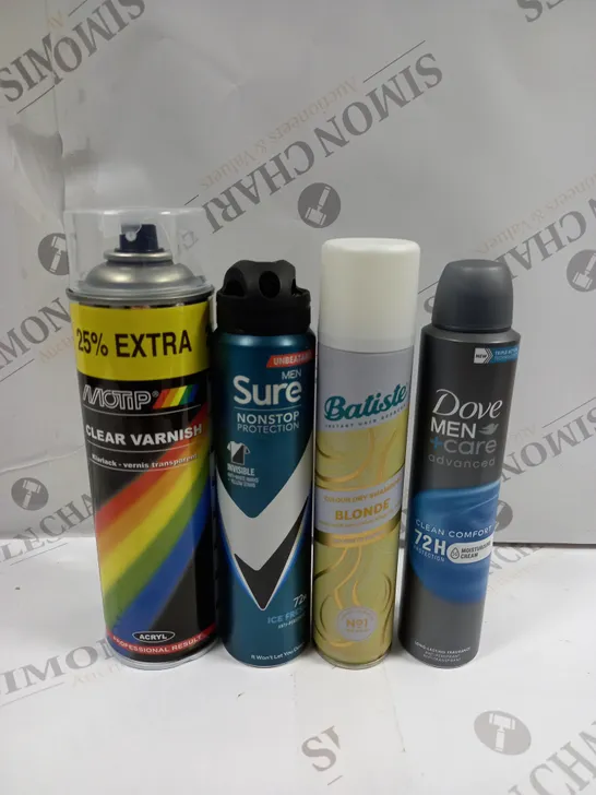 BOX OF APPROXIMATELY 10 ASSORTED AEROSOLS TO INCLUDE DOVE MEN DEODORANT, BATISTE DRY SHAMPOO, MOTIP CLEAR VARNISH - COLLECTION ONLY