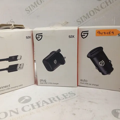 3 ASSORTED STK PRODUCTS TO INCLUDE; AUTO DUAL USB CAR CHARGER, PLU DUAL USB 3 PIN CHARGER AND CONNECT 2M MICRO USB CHARGING CABLE