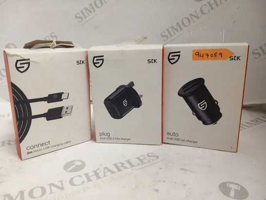 3 ASSORTED STK PRODUCTS TO INCLUDE; AUTO DUAL USB CAR CHARGER, PLU DUAL USB 3 PIN CHARGER AND CONNECT 2M MICRO USB CHARGING CABLE