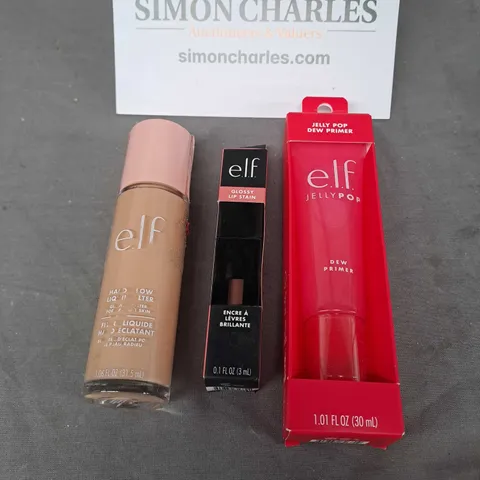 ELF LOT OF 3 COSMETIC PRODUCTS TO INCLUDE - DEW PRIMER, FOUNDATION IN FAIR AND GLOSSY LIP STAIN