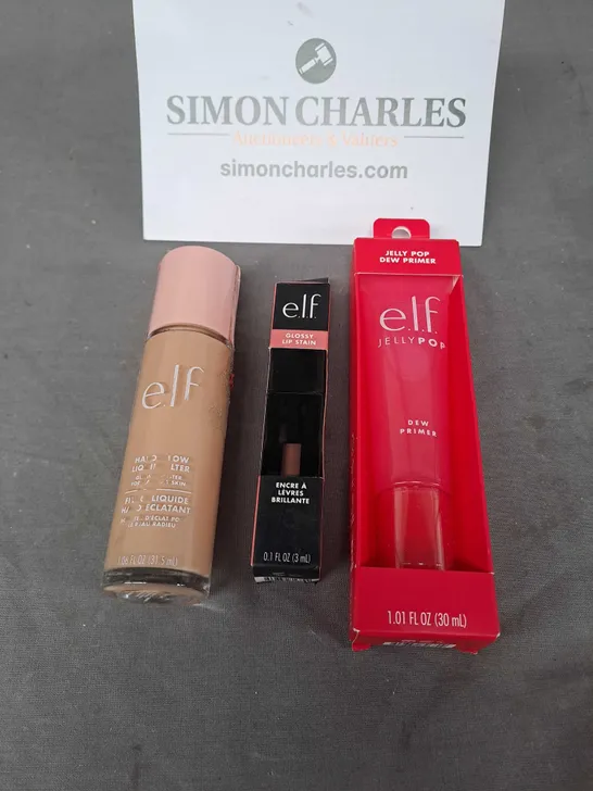 ELF LOT OF 3 COSMETIC PRODUCTS TO INCLUDE - DEW PRIMER, FOUNDATION IN FAIR AND GLOSSY LIP STAIN