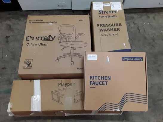 PALLET OF ASSORTED PRODUCTS INCLUDING OFFICE CHAIR, PLAYPEN, PRESSURE WASHER, KITCHEN FAUCET, FOLDING WAGON 