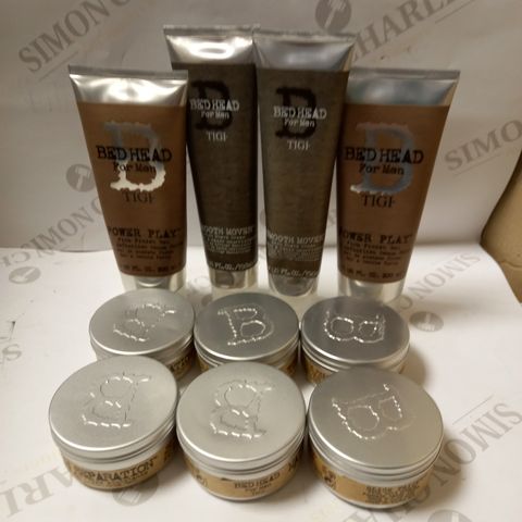 LOT OF APPROX 12 ASSORTED TIGI BEDHEAD FOR MEN HAIRCARE PRODUCTS TO INCLUDE FIRM HOLD POMADE, RICH SHAVE CREAM, FIRM FINSH GEL 