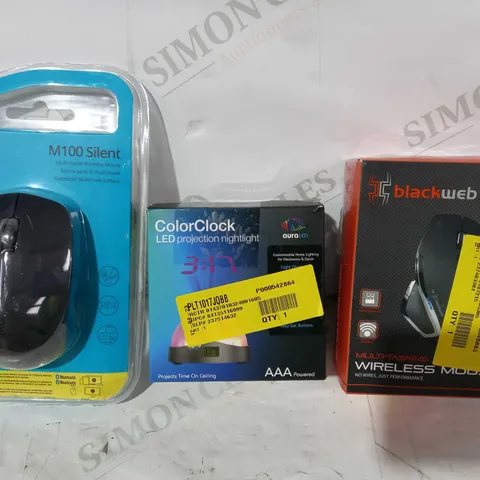 BOX OF APPROXIMATELY 20 ASSORTED ELECTRICAL ITEMS TO INCLUDE BLACKWEB WIRELESS MOUSE, AURALED COLORCLOCK, RAPOO M100 SILENT WIRELESS MOUSE, ETC