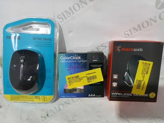 BOX OF APPROXIMATELY 20 ASSORTED ELECTRICAL ITEMS TO INCLUDE BLACKWEB WIRELESS MOUSE, AURALED COLORCLOCK, RAPOO M100 SILENT WIRELESS MOUSE, ETC